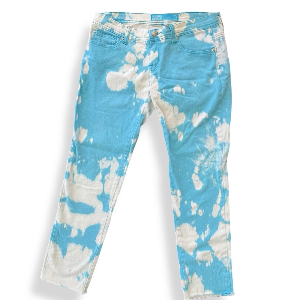 Vtg Y2K Custom Bleach Tie Dye U-51 Low Rise Denim Teal Blue Jeans 7/8 Festival